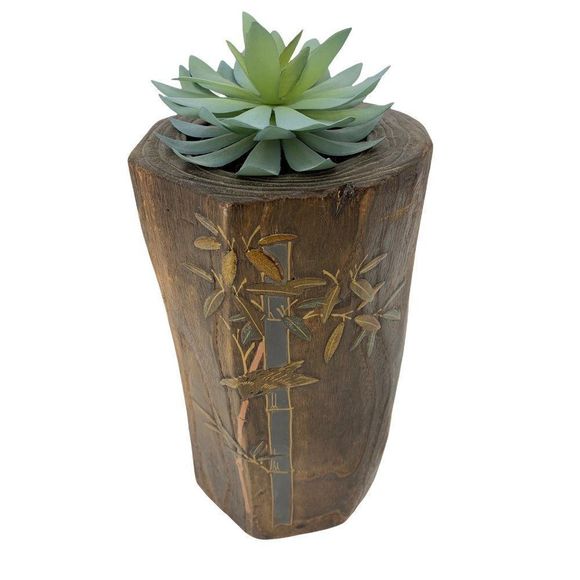 Asian Hand Carved Wood Brush Pot Vase Bamboo Painting 0792 - Picture 1 of 9